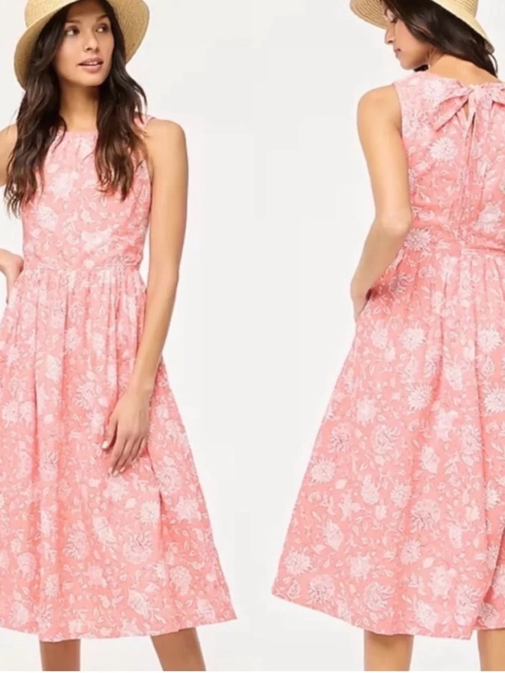 J. Crew Pink Floral Sleeveless Midi Dress with Back Bow